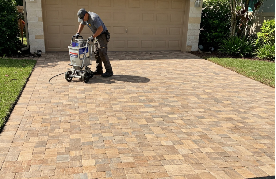 Sealing Pavers pavers being sealed in a driveway