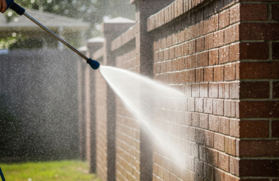 brick fence being removed of rust brick being pressure washed after rust removal