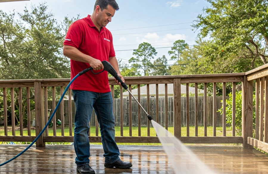 soft washing deck deck in Tampa being soft washed